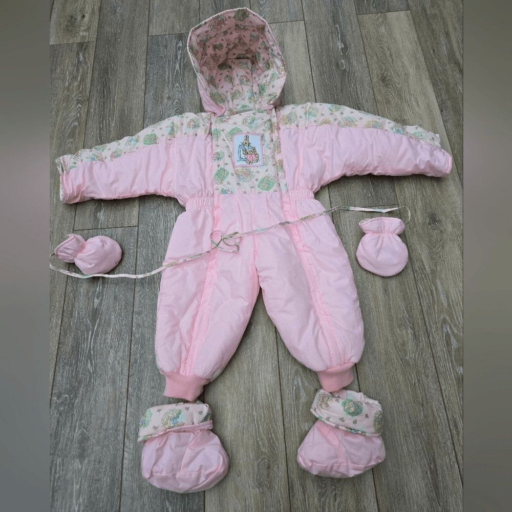 Vintage Quiltex Beatrix Potter Peter Rabbit winter snow suit 12 mo  pink rare